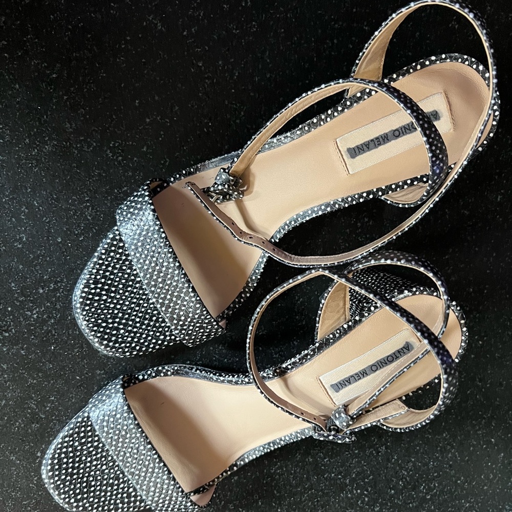 Like new black and white blocked heel leather sandals size 10